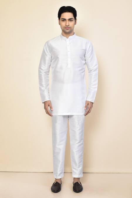 Shop_Arihant Rai Sinha_White Satin Plain Full Sleeve Kurta With Pant _Online_at_Aza_Fashions