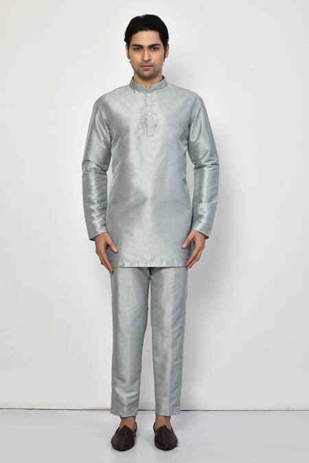 Buy_Arihant Rai Sinha_Grey Silk, Cotton Solid Full Sleeve Kurta With Pant _Online_at_Aza_Fashions