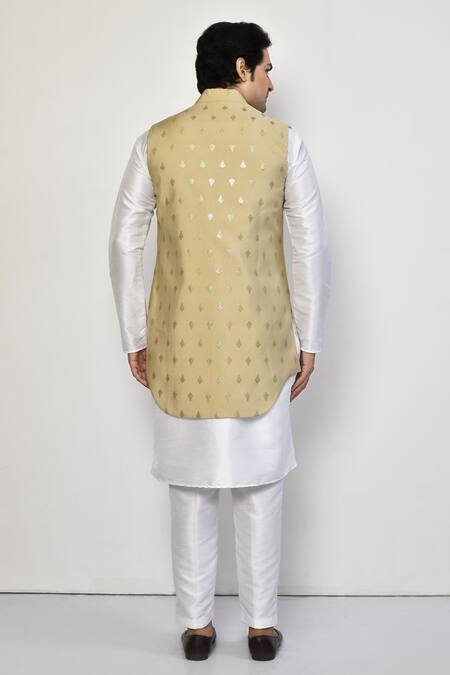 Shop_Arihant Rai Sinha_Beige Satin, Cotton Embroidery Woven Butti Pattern Bundi Set_at_Aza_Fashions