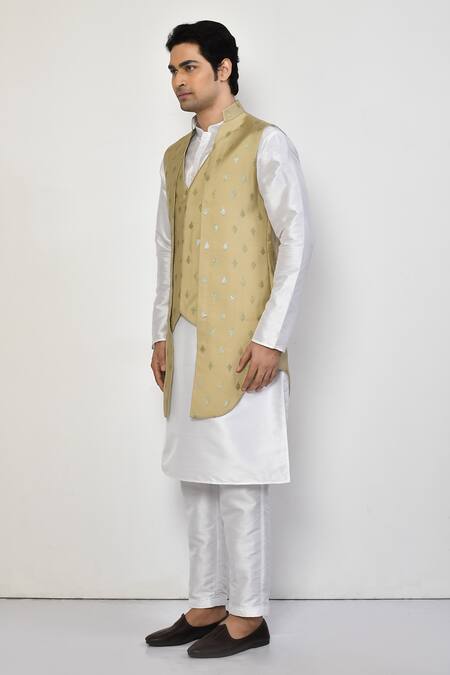 Arihant Rai Sinha_Beige Satin, Cotton Embroidery Woven Butti Pattern Bundi Set_at_Aza_Fashions