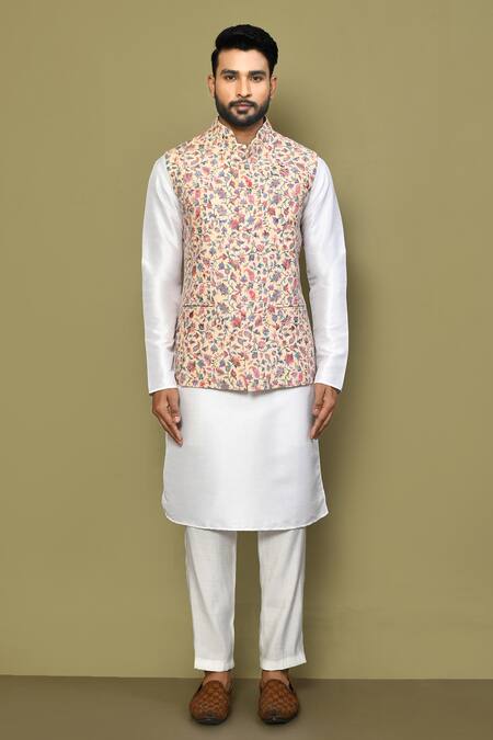 Buy_Arihant Rai Sinha_Cream Silk, Cotton Embroidery Floral Blossom Bundi Kurta Set _Online_at_Aza_Fashions
