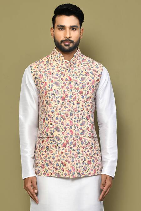 Shop Arihant Rai Sinha Cream Silk, Cotton Embroidery Floral Blossom Bundi Kurta Set Online at Aza Fashions Shop_Arihant Rai Sinha_Cream Silk, Cotton Embroidery Floral Blossom Bundi Kurta Set _Online_at_Aza_Fashions