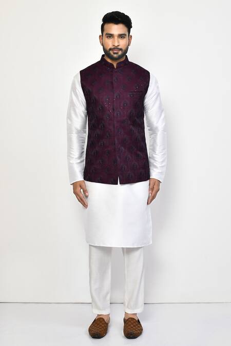 Buy_Arihant Rai Sinha_Purple Cotton Embroidery Peacock Feather Bundi Set_Online_at_Aza_Fashions