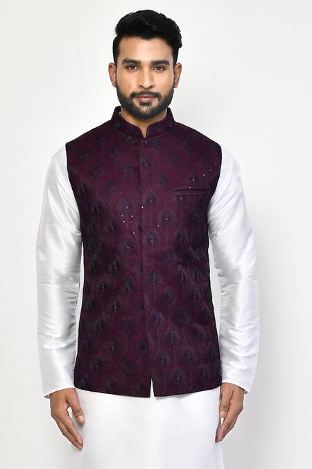 Shop_Arihant Rai Sinha_Purple Cotton Embroidery Peacock Feather Bundi Set_Online_at_Aza_Fashions