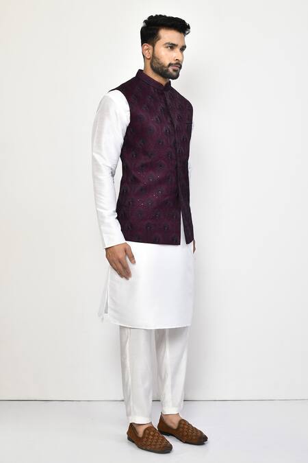 Arihant Rai Sinha_Purple Cotton Embroidery Peacock Feather Bundi Set_at_Aza_Fashions
