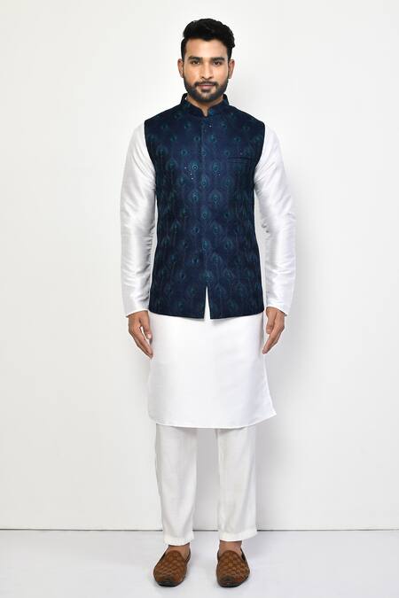 Buy_Arihant Rai Sinha_Blue Silk, Cotton Embroidery Peacock Feather Bundi Kurta Set_Online_at_Aza_Fashions