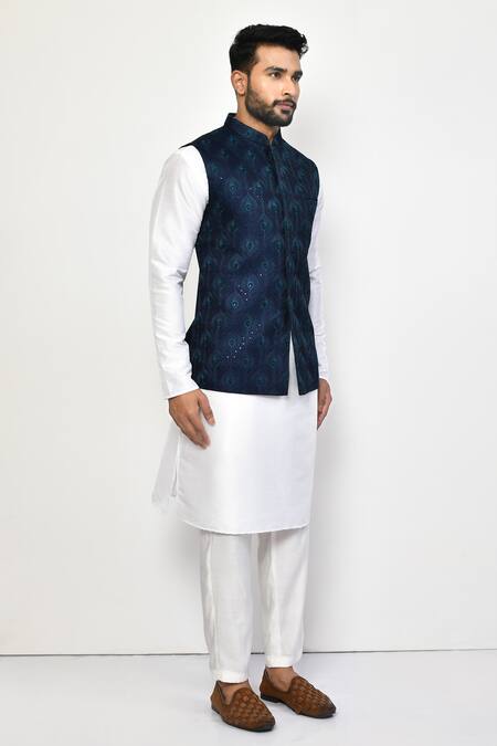 Arihant Rai Sinha_Blue Silk, Cotton Embroidery Peacock Feather Bundi Kurta Set_at_Aza_Fashions