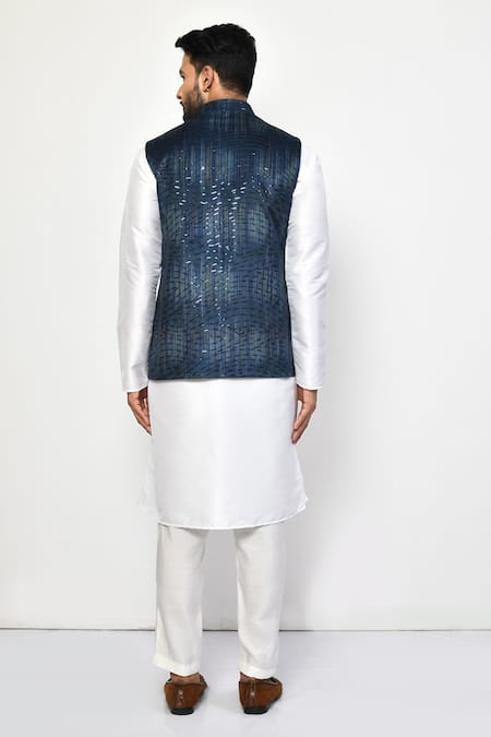 Shop_Arihant Rai Sinha_Blue Cotton Sequins Geometric Bundi Kurta Set _at_Aza_Fashions
