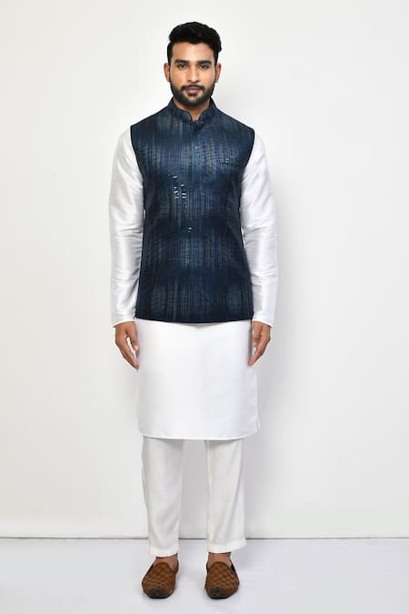 Buy_Arihant Rai Sinha_Blue Cotton Sequins Geometric Bundi Kurta Set _Online_at_Aza_Fashions