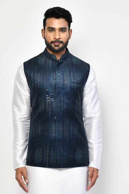 Shop_Arihant Rai Sinha_Blue Cotton Sequins Geometric Bundi Kurta Set _Online_at_Aza_Fashions
