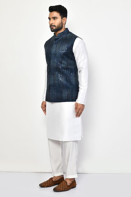 Arihant Rai Sinha_Blue Cotton Sequins Geometric Bundi Kurta Set _at_Aza_Fashions