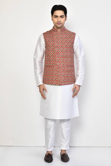 Buy_Arihant Rai Sinha_Red Cotton Embroidery Miniature Floral Butti Bundi Kurta Set _Online_at_Aza_Fashions