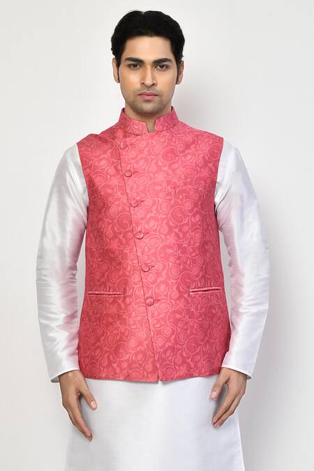 Buy_Arihant Rai Sinha_Pink Satin, Cotton Embroidery Floral Print Bundi Kurta Set _Online_at_Aza_Fashions