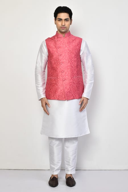Shop_Arihant Rai Sinha_Pink Satin, Cotton Embroidery Floral Print Bundi Kurta Set _Online_at_Aza_Fashions
