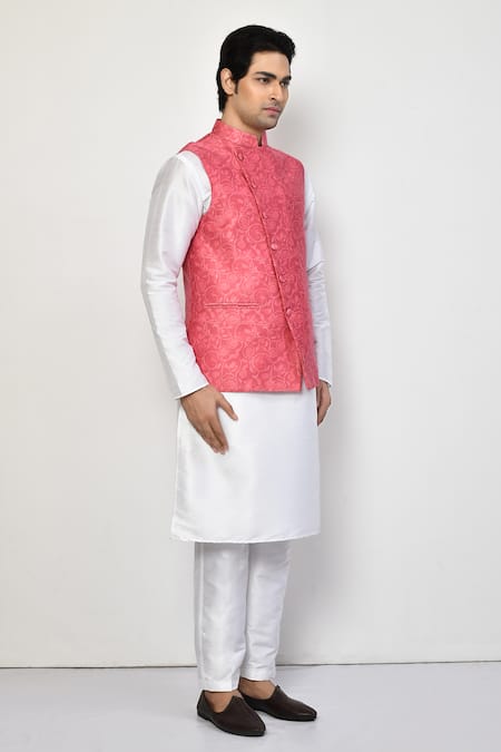 Arihant Rai Sinha_Pink Satin, Cotton Embroidery Floral Print Bundi Kurta Set _at_Aza_Fashions