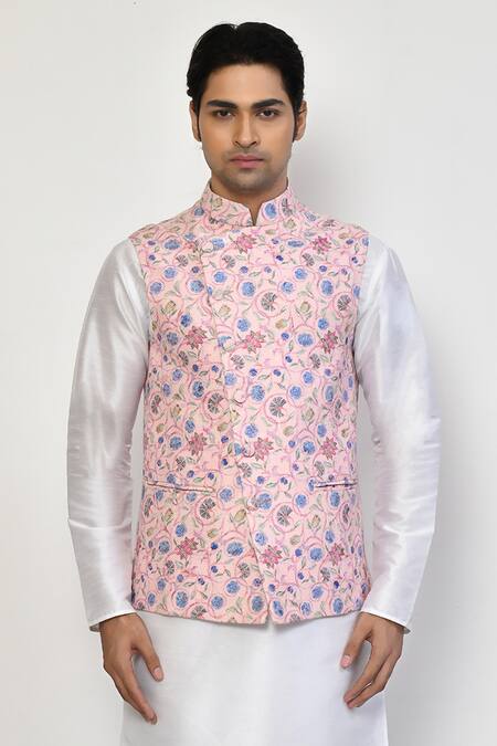 Shop Arihant Rai Sinha Pink Silk, Cotton, Brocade Embroidery Floral Garden Pattern Bundi Set Online at Aza Fashions Shop_Arihant Rai Sinha_Pink Silk, Cotton, Brocade Embroidery Floral Garden Pattern Bundi Set _Online_at_Aza_Fashions