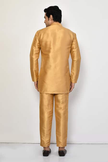 Shop_Arihant Rai Sinha_Gold Silk, Cotton Full Sleeve Short Kurta And Pant Set _at_Aza_Fashions
