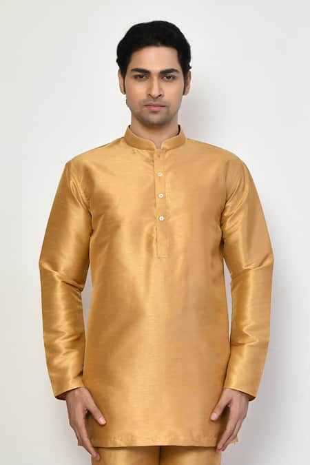 Buy_Arihant Rai Sinha_Gold Silk, Cotton Full Sleeve Short Kurta And Pant Set _Online_at_Aza_Fashions