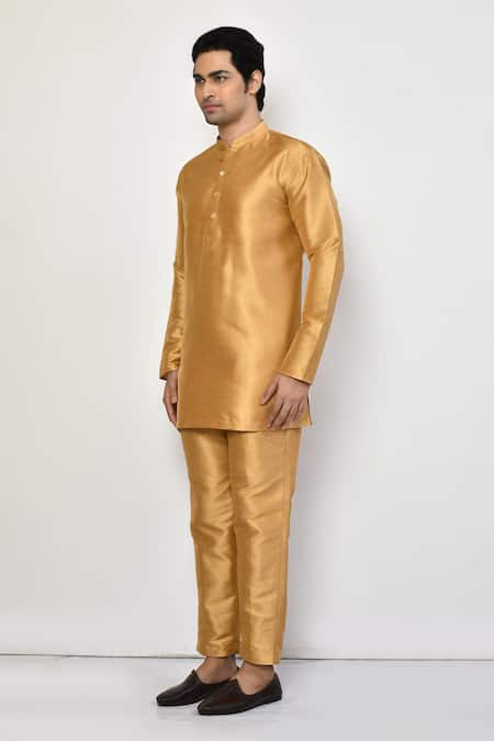 Arihant Rai Sinha_Gold Silk, Cotton Full Sleeve Short Kurta And Pant Set _at_Aza_Fashions