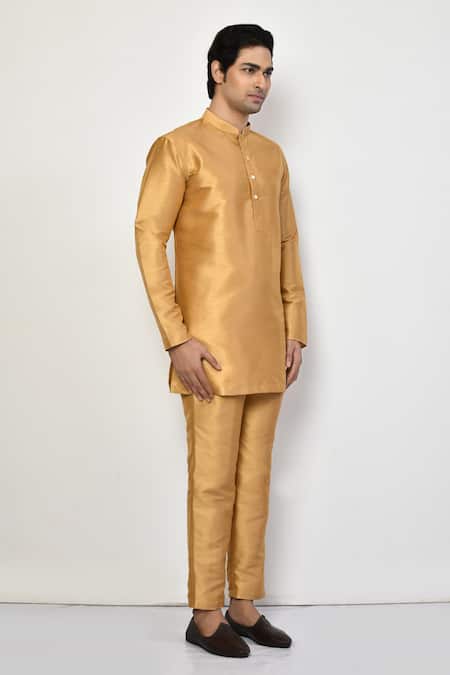 Buy_Arihant Rai Sinha_Gold Silk, Cotton Full Sleeve Short Kurta And Pant Set 