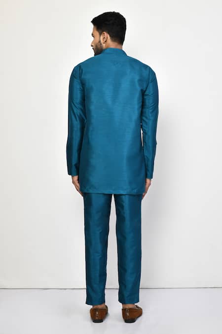 Shop_Arihant Rai Sinha_Blue Silk, Cotton Mandarin Collar Kurta And Pant Set _at_Aza_Fashions
