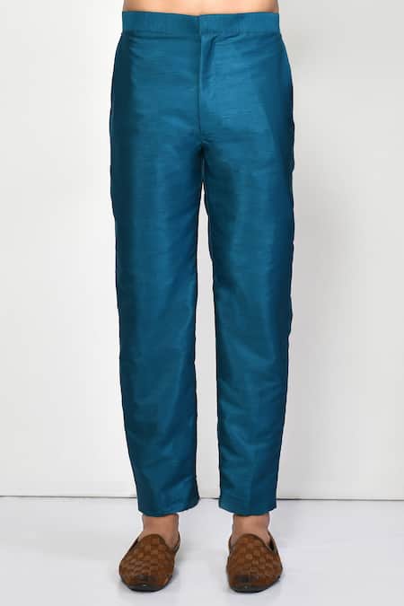 Arihant Rai Sinha_Blue Silk, Cotton Mandarin Collar Kurta And Pant Set _Online_at_Aza_Fashions