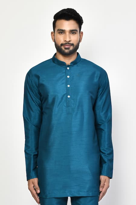Buy_Arihant Rai Sinha_Blue Silk, Cotton Mandarin Collar Kurta And Pant Set _Online_at_Aza_Fashions
