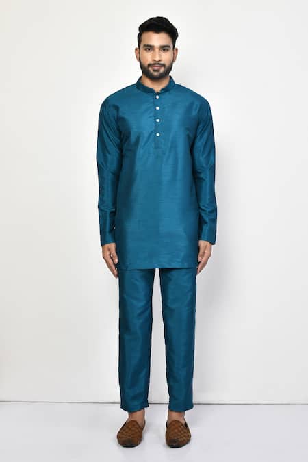 Shop_Arihant Rai Sinha_Blue Silk, Cotton Mandarin Collar Kurta And Pant Set _Online_at_Aza_Fashions