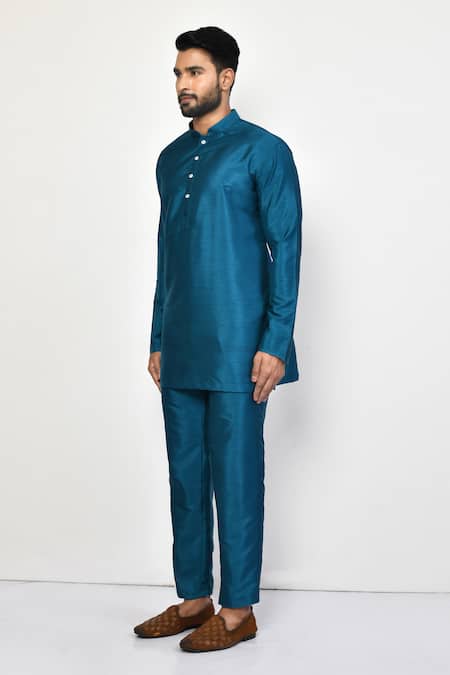 Arihant Rai Sinha_Blue Silk, Cotton Mandarin Collar Kurta And Pant Set _at_Aza_Fashions