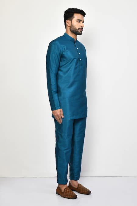 Buy_Arihant Rai Sinha_Blue Silk, Cotton Mandarin Collar Kurta And Pant Set 