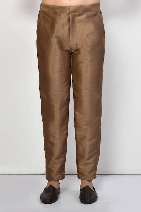 Arihant Rai Sinha_Gold Silk, Cotton Mandarin Collar Solid Kurta And Pant Set _Online_at_Aza_Fashions