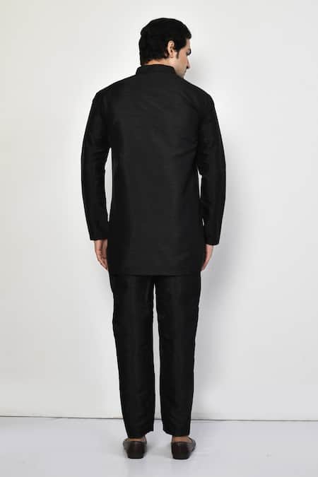 Shop_Arihant Rai Sinha_Black Silk, Cotton Plain Straight Short Kurta And Pant Set _at_Aza_Fashions