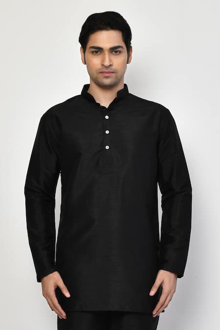 Buy_Arihant Rai Sinha_Black Silk, Cotton Plain Straight Short Kurta And Pant Set _Online_at_Aza_Fashions