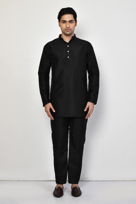 Shop_Arihant Rai Sinha_Black Silk, Cotton Plain Straight Short Kurta And Pant Set _Online_at_Aza_Fashions
