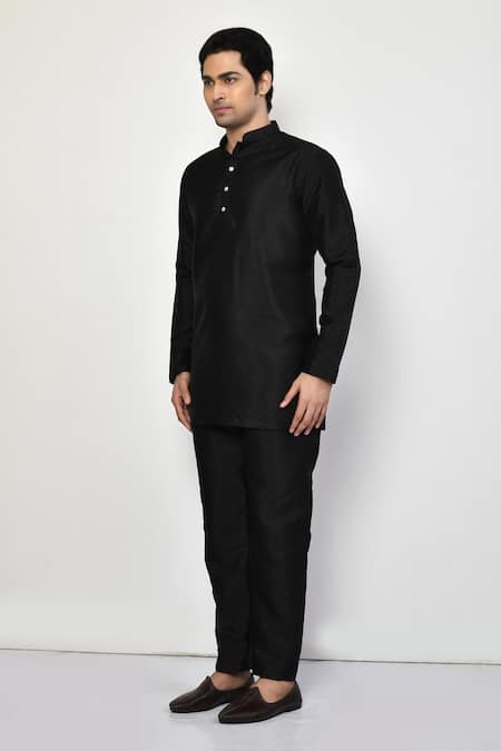 Arihant Rai Sinha_Black Silk, Cotton Plain Straight Short Kurta And Pant Set _at_Aza_Fashions