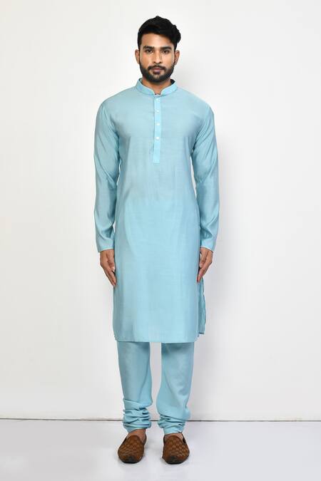 Shop_Arihant Rai Sinha_Blue Silk, Cotton Plain Straight Long Kurta Set _Online_at_Aza_Fashions