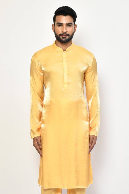 Buy_Arihant Rai Sinha_Yellow Satin, Cotton Plain Straight Kurta Set _Online_at_Aza_Fashions
