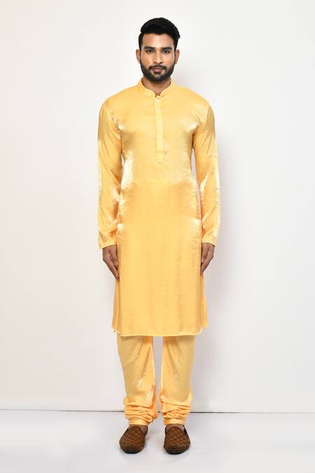Shop_Arihant Rai Sinha_Yellow Satin, Cotton Plain Straight Kurta Set _Online_at_Aza_Fashions