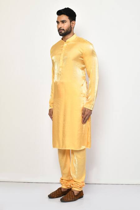 Arihant Rai Sinha_Yellow Satin, Cotton Plain Straight Kurta Set _at_Aza_Fashions
