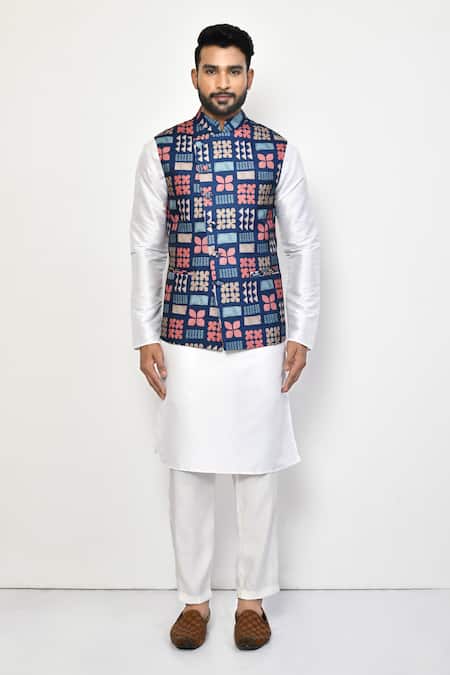 Shop_Arihant Rai Sinha_Blue Silk, Cotton Embroidery Thread Work Bundi And Kurta Set_Online_at_Aza_Fashions