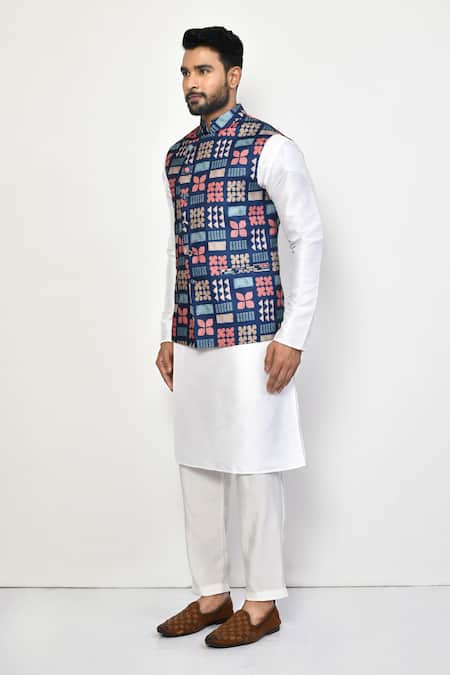 Arihant Rai Sinha_Blue Silk, Cotton Embroidery Thread Work Bundi And Kurta Set_at_Aza_Fashions