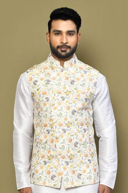 Buy_Arihant Rai Sinha_Beige Silk, , Satin Embroidery Floral Print Bundi And Kurta Set_Online_at_Aza_Fashions