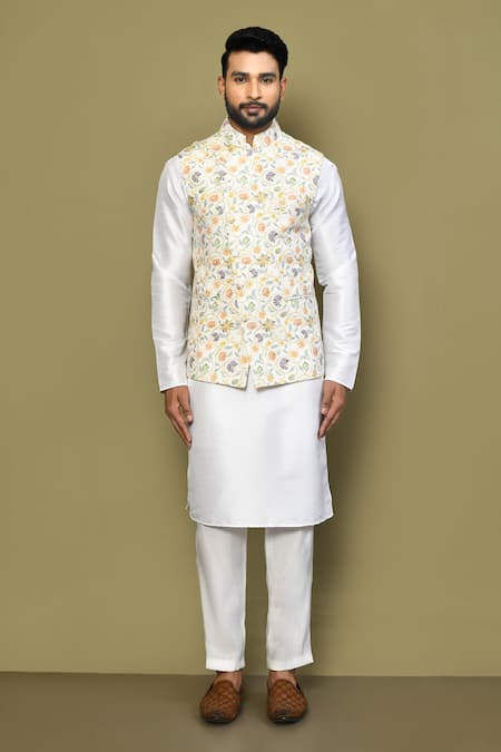 Shop_Arihant Rai Sinha_Beige Silk, , Satin Embroidery Floral Print Bundi And Kurta Set_Online_at_Aza_Fashions