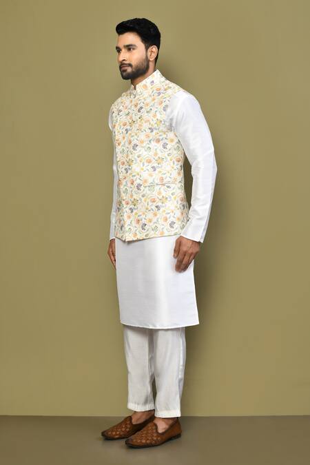 Arihant Rai Sinha_Beige Silk, , Satin Embroidery Floral Print Bundi And Kurta Set_at_Aza_Fashions