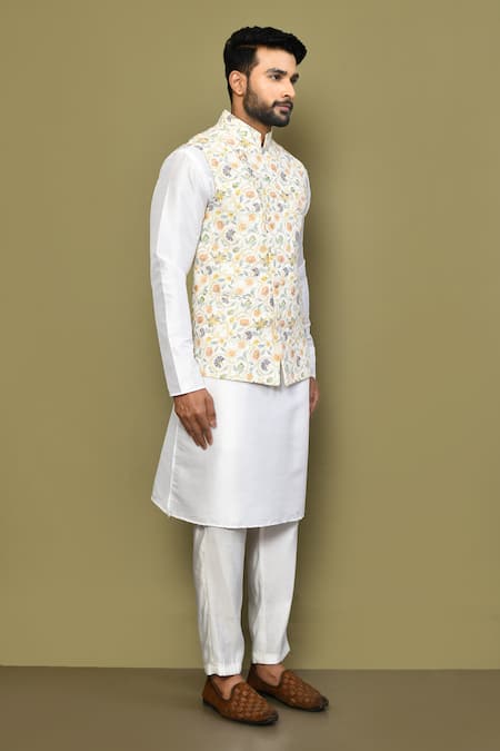 Buy_Arihant Rai Sinha_Beige Silk, , Satin Embroidery Floral Print Bundi And Kurta Set