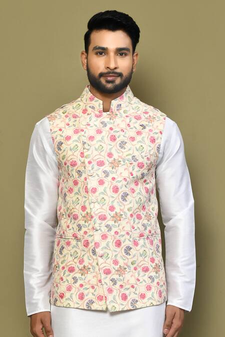 Buy_Arihant Rai Sinha_Yellow Cotton Embroidery Botanical Print Bundi And Kurta Set _Online_at_Aza_Fashions