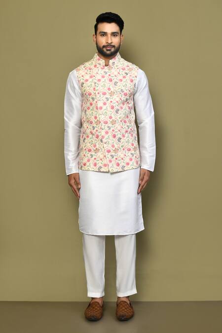 Shop_Arihant Rai Sinha_Yellow Cotton Embroidery Botanical Print Bundi And Kurta Set _Online_at_Aza_Fashions