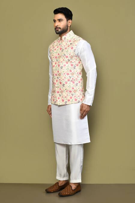 Arihant Rai Sinha_Yellow Cotton Embroidery Botanical Print Bundi And Kurta Set _at_Aza_Fashions