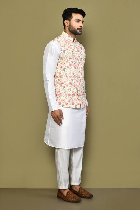 Buy_Arihant Rai Sinha_Yellow Cotton Embroidery Botanical Print Bundi And Kurta Set 