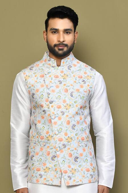 Buy_Arihant Rai Sinha_Blue Cotton Embroidery Florette Print Bundi And Kurta Set_Online_at_Aza_Fashions